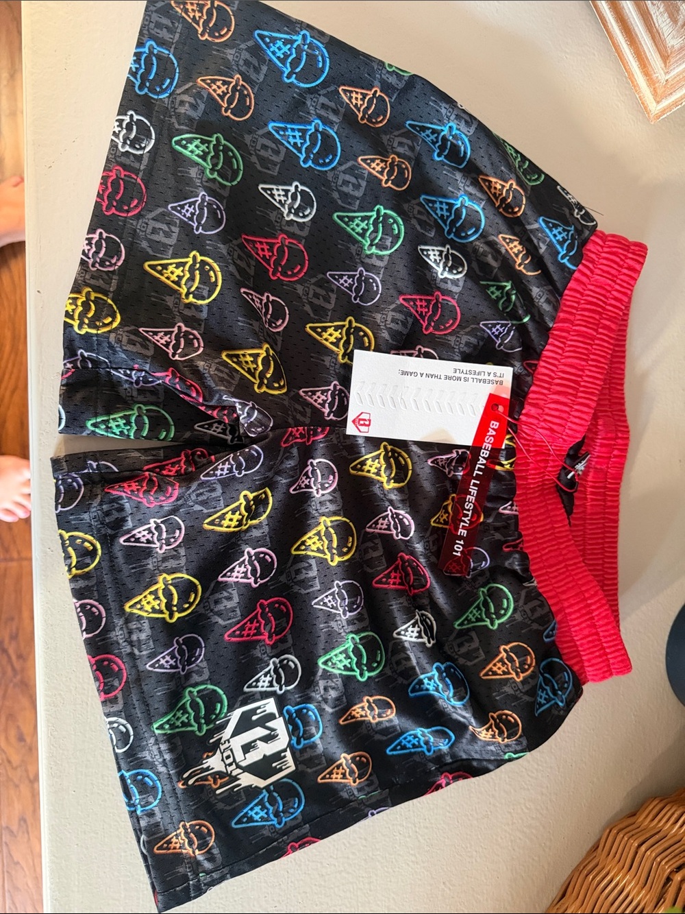Baseball Lifestyle Kids Black Ice Cream Print Shorts with Red Waistband
